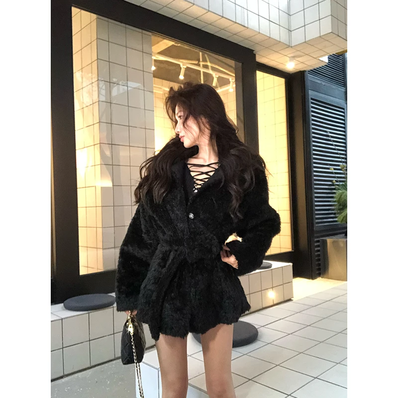 【12YE】韩版辣妹冬款立领毛绒中长款外套 C1145