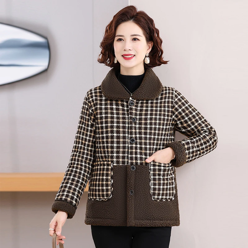 外套女装妈妈装洋气加绒加厚毛呢格子大码棉衣时尚棉服中老年人