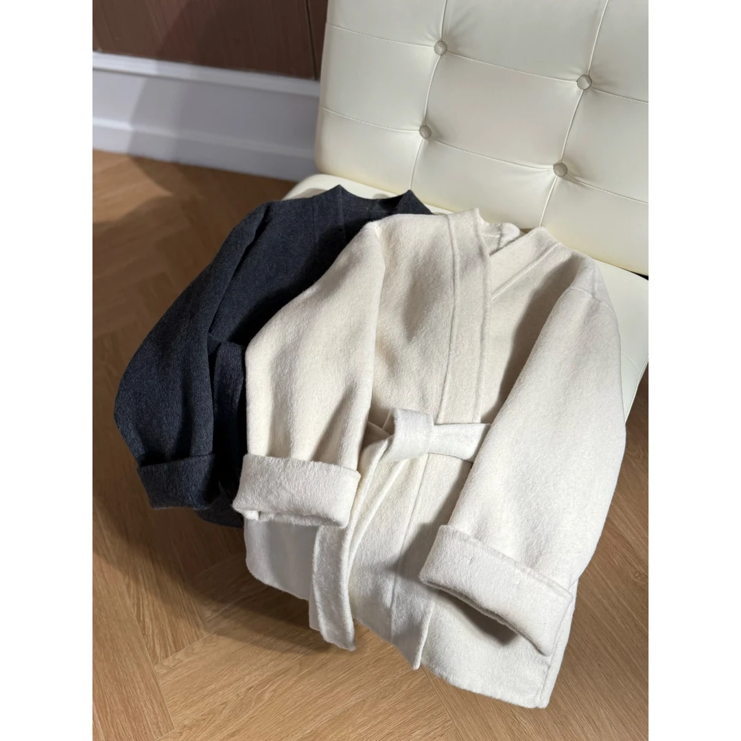 【罗曼大衣】路蔓法秋冬新款V领高级感双面呢腰带羊毛大衣MF-1450