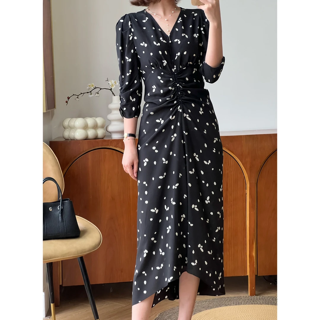 【波点连衣裙】路蔓法夏季新款桑蚕丝显瘦不规则气质连衣裙MF-170