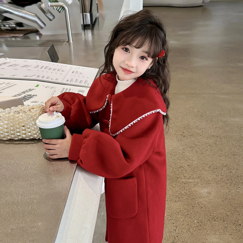 女童拜年服冬季2023新款大童过年喜庆衣服红色加厚外套毛呢子大衣