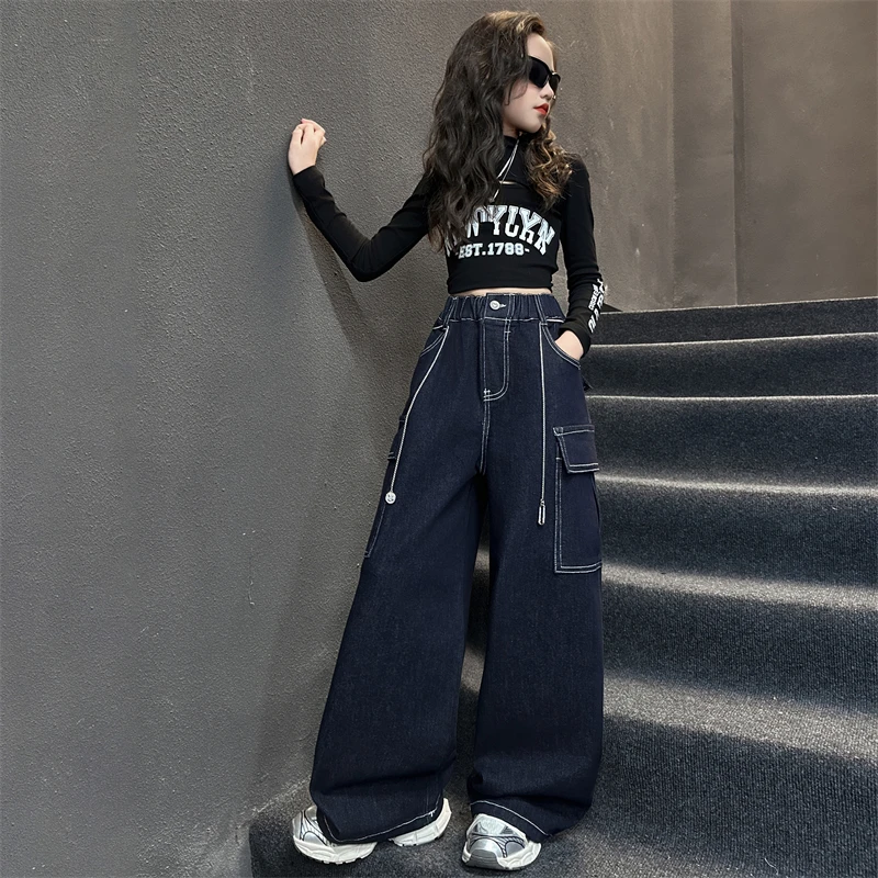 女童工装牛仔裤套装2024春秋季6-12岁15岁休闲潮酷设计感阔腿裤潮