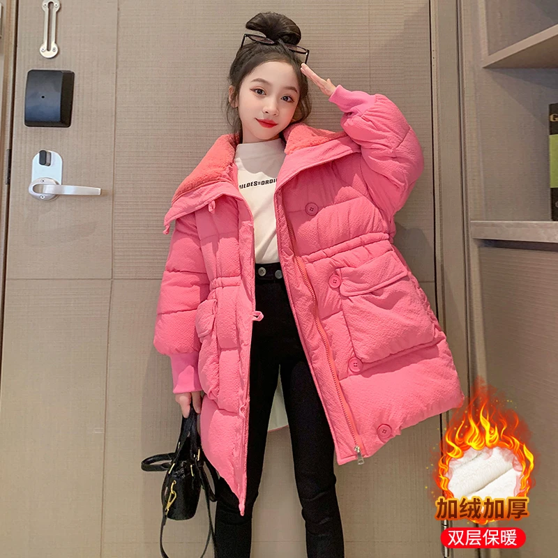 女童加厚棉衣冬装2024年新款洋气棉袄中长款外套冬季儿童连帽棉服
