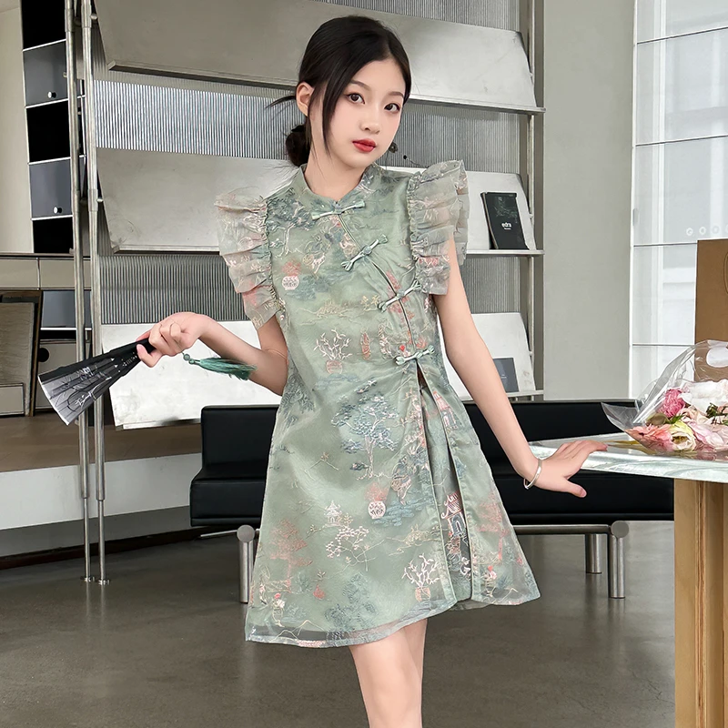 女童夏季新中式旗袍连衣裙碎花洋气小飞袖短裤套装复古国风两件套