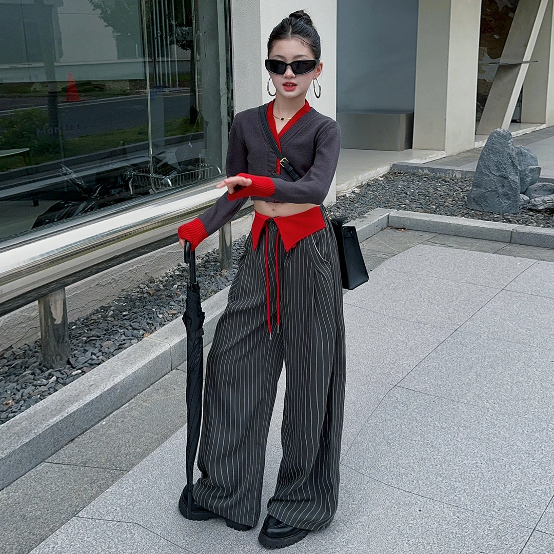 女大童2024假两件针织开衫秋季复古美式辣妹短款拼色v领毛衣上衣