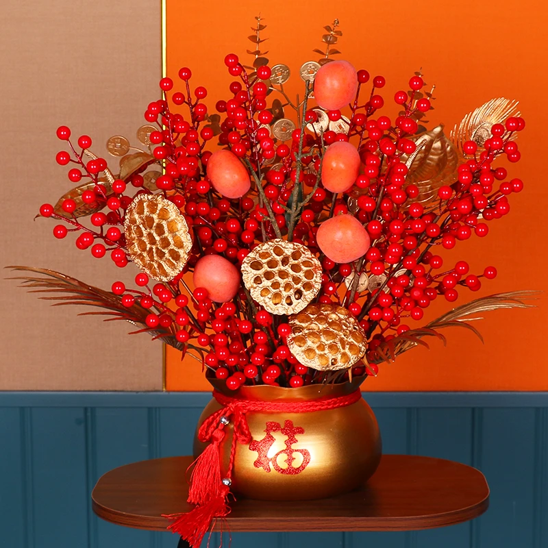发财果福桶插花红果仿真花红浆果新年冬青diy材料包乔迁年宵花艺