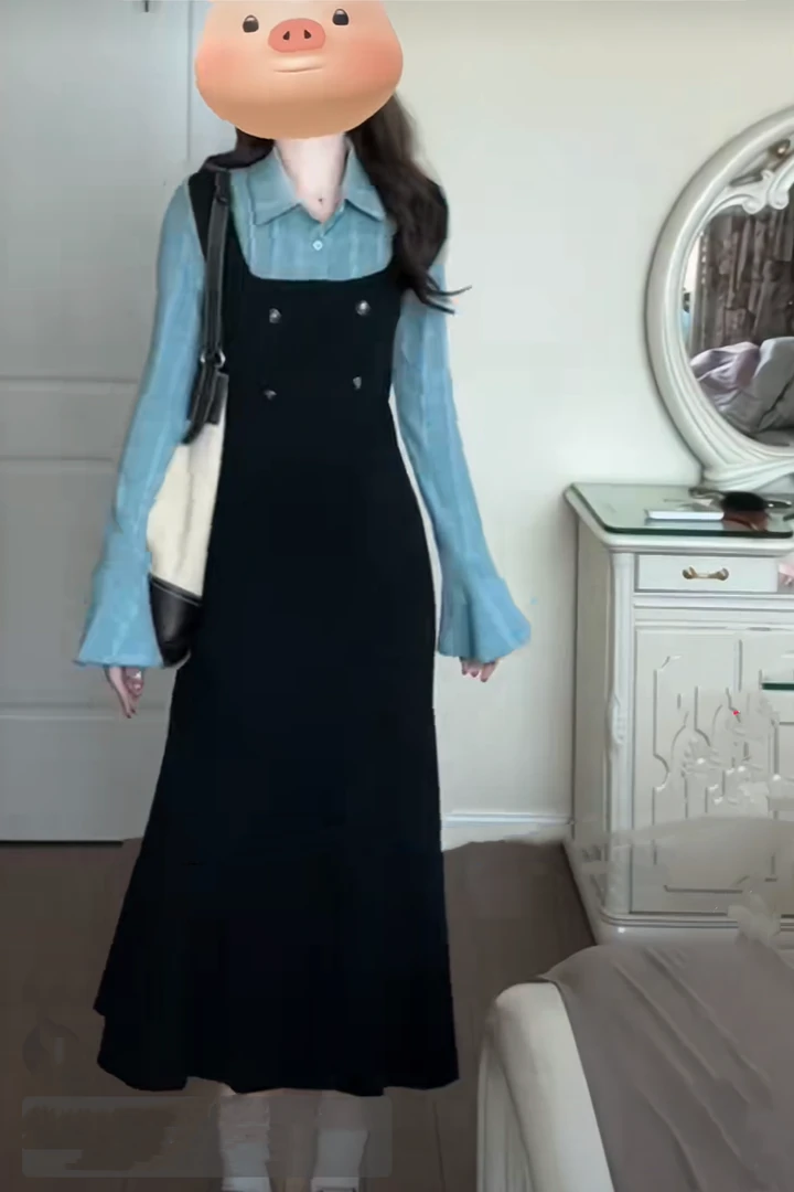 秋季新款时尚气质假两件连衣裙女设计感撞色拼接显瘦复古针织长裙