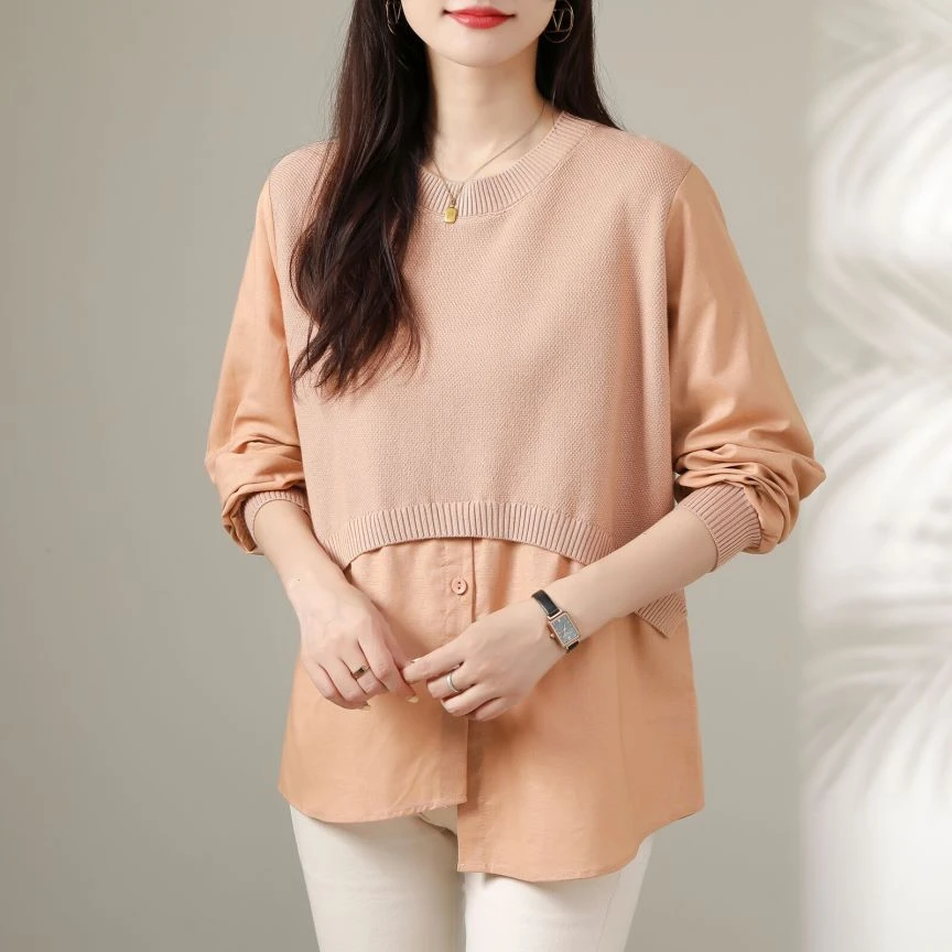 新款欧洲站时尚百搭显瘦假两件拼接不规则爆款设计感长袖大码女装