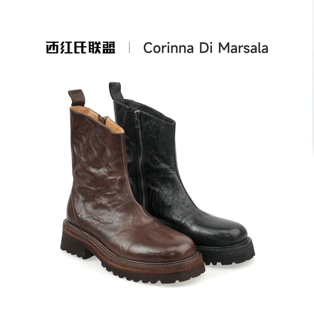 Corinna di Marsala秋冬舒适手工复古做旧时尚进口马皮拉链短靴