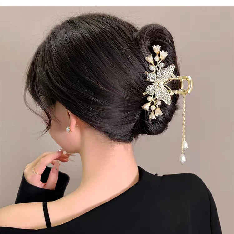 珍珠水钻铃兰花金属大号抓夹珍珠流苏盘发麦穗发夹气质盘发发饰