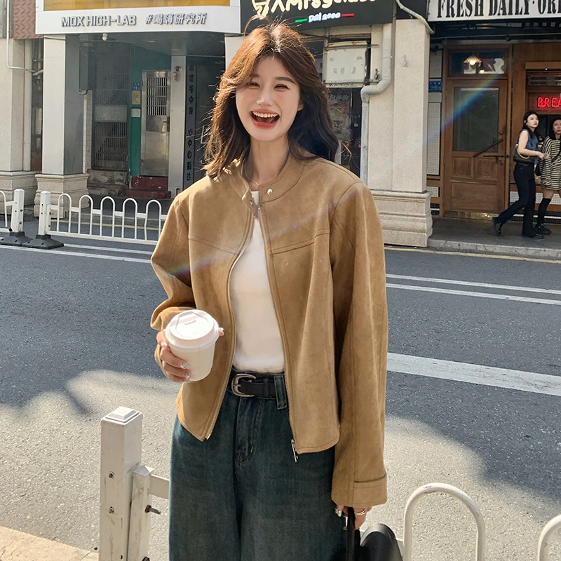 韩版复古卡其色麂皮绒短款夹克女2024秋季新款休闲时尚设计感外套