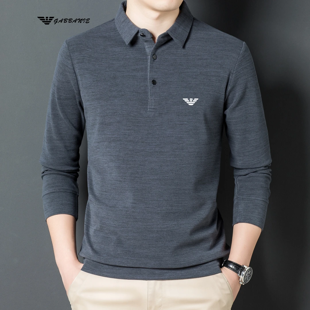 [高端定制】意大利轻奢男士POLO衫春秋款德绒长袖翻领刺绣保暖T恤