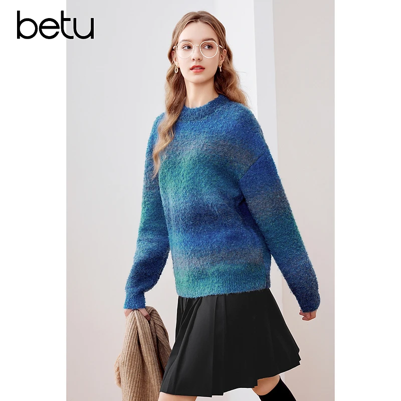 【籽言甄选】Betu/百图百搭圆领套头长袖针织宽松撞色毛衣2311T87