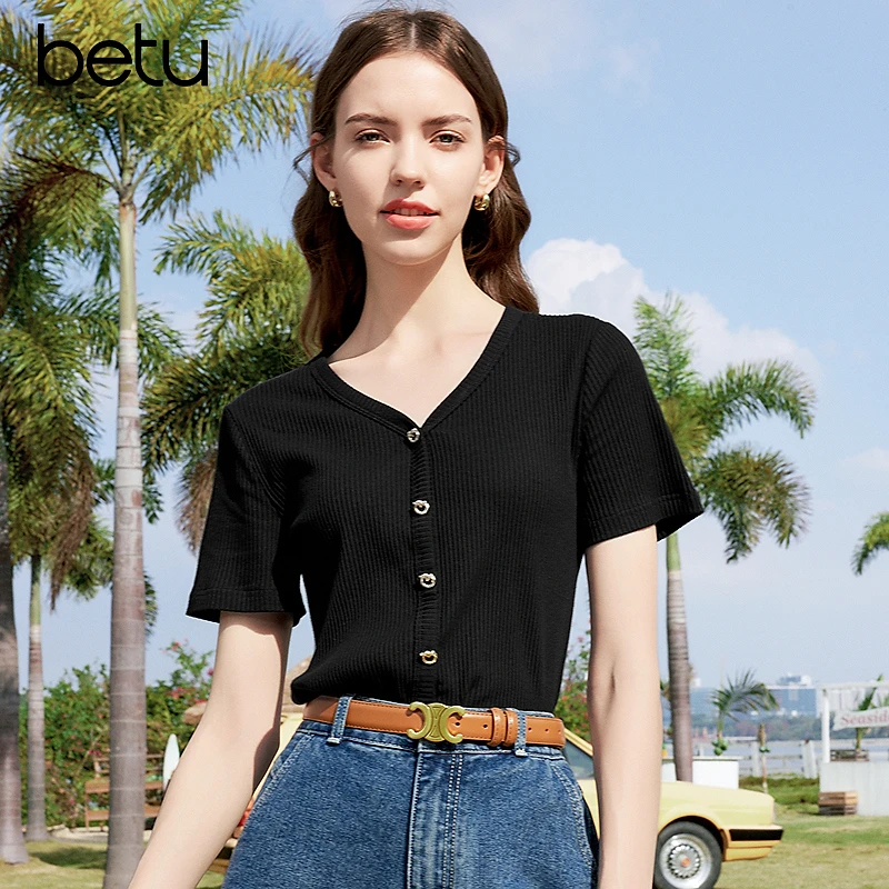 betu百图2025年新款黑色显瘦针织纯色v领T恤