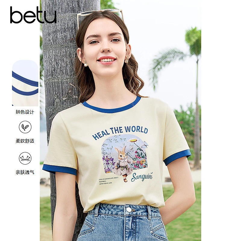 Betu/百图2025年夏季新款时尚亲肤透气印花柔软舒适休闲百搭T恤