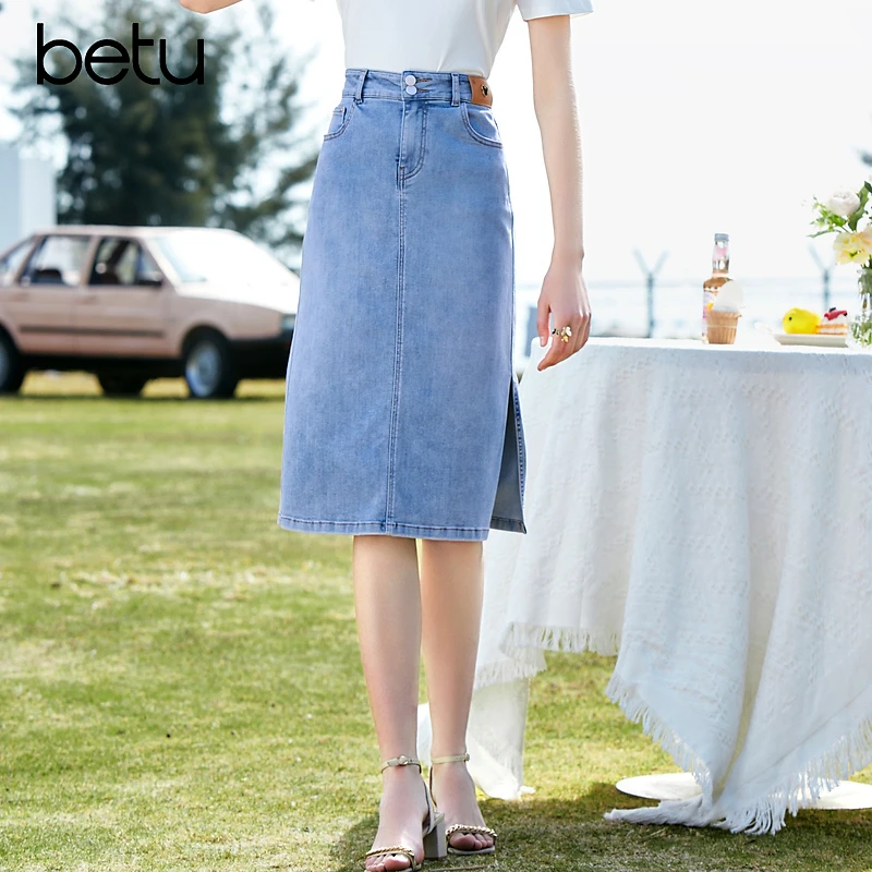 betu百图2025年夏新款高腰两粒扣A字裙及膝中长裙