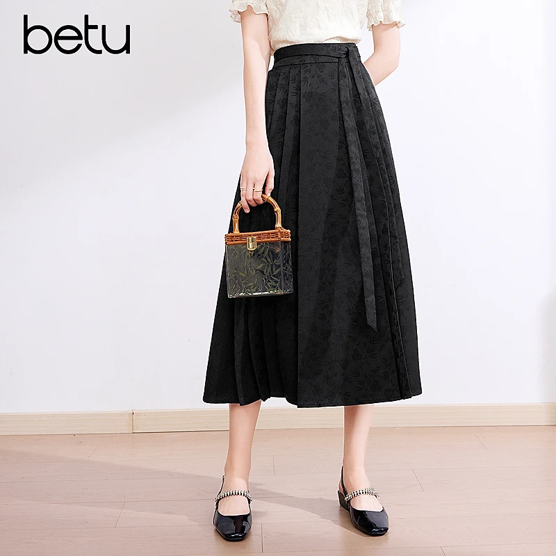 Betu/百图2025夏季新款时尚气质中式国潮压褶半身裙中长裙2403T76