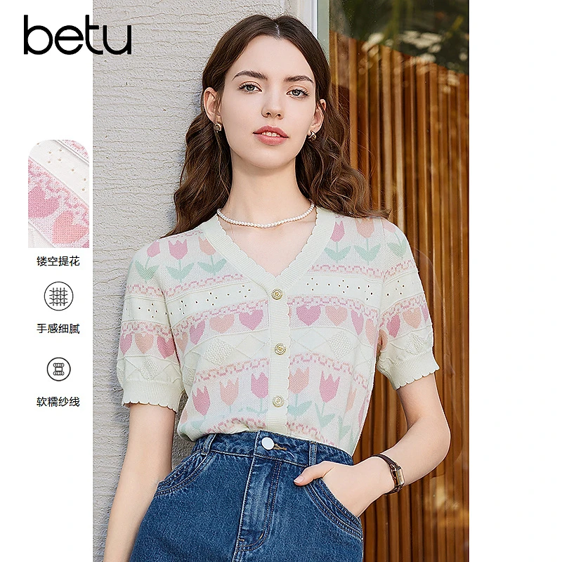 Betu/百图【欧若风】2025年夏季新款气质时尚提花小香风毛衣针织衫