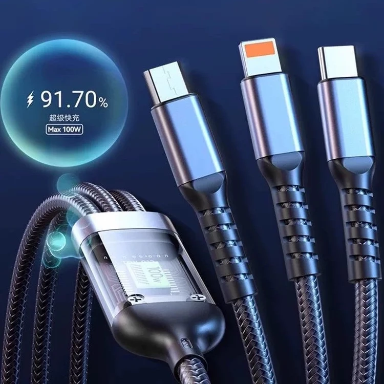 极悍透明兼容100W手机超级快充一拖三数据线编织