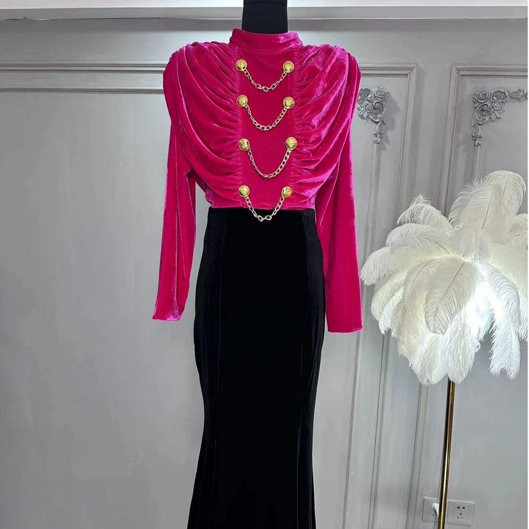 秋冬洋气时尚宫廷百搭气质金属链条丝绒上衣+高腰显瘦丝绒鱼尾裙