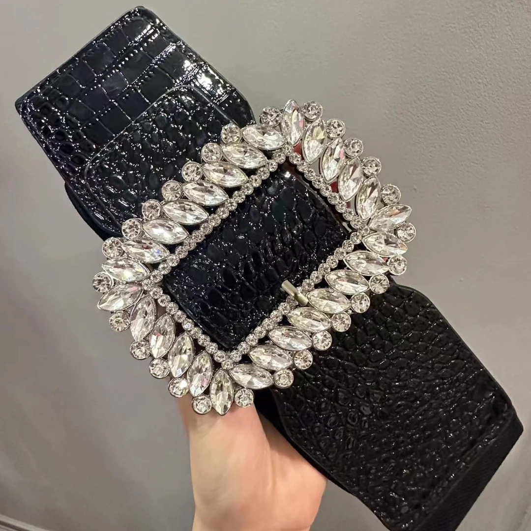 黑色纹理光面漆皮百搭时尚女士镶钻复古松紧腰带