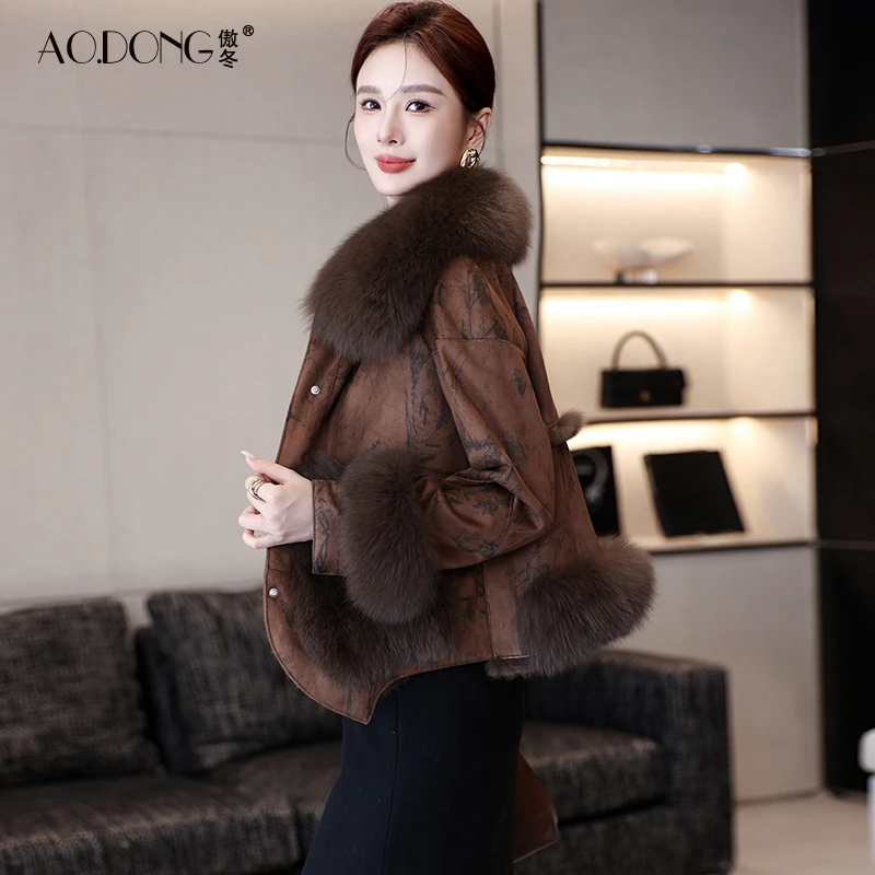 2024新款海宁兔毛皮草一体外套女韩版狐狸毛领短款保暖大衣冬季