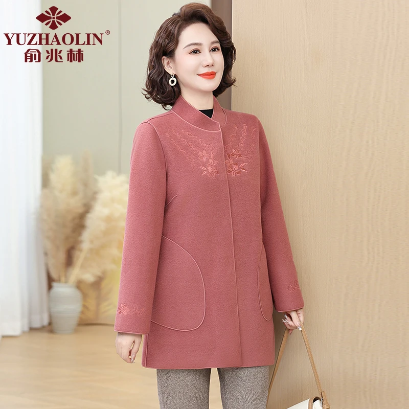 俞兆林妈妈装春秋双面呢子大衣洋气中长款老年人女装毛呢外套显瘦