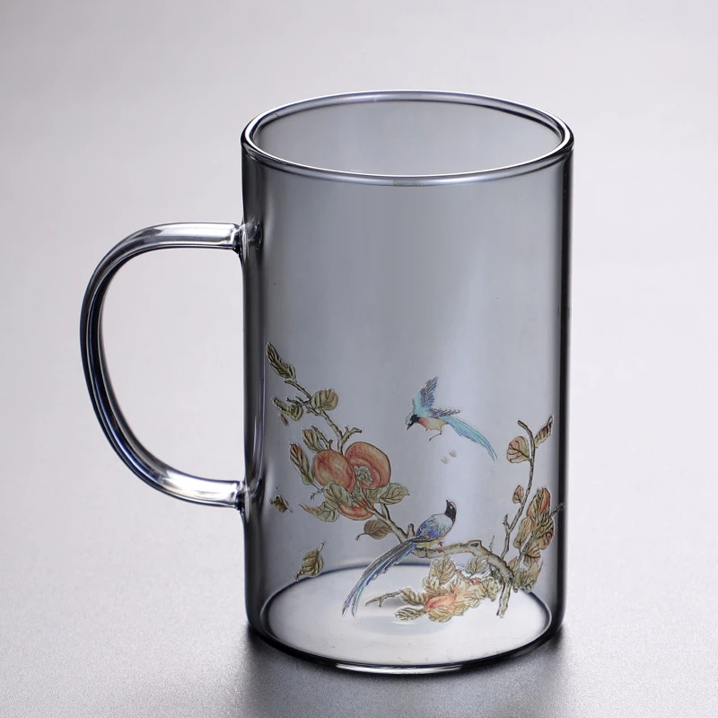 创意玻璃水杯高硼硅耐热烟灰大容量带把手水杯办公家用个人专用杯