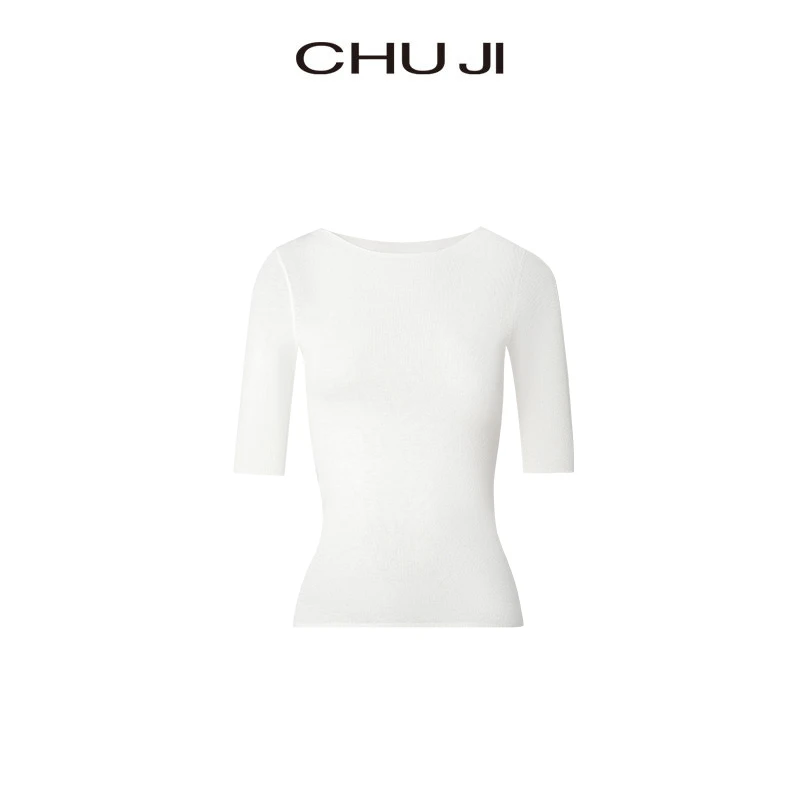 Chuji/出迹斜肩修身多色五分袖毛织衫-23W001M上衣针织衫方领纯色