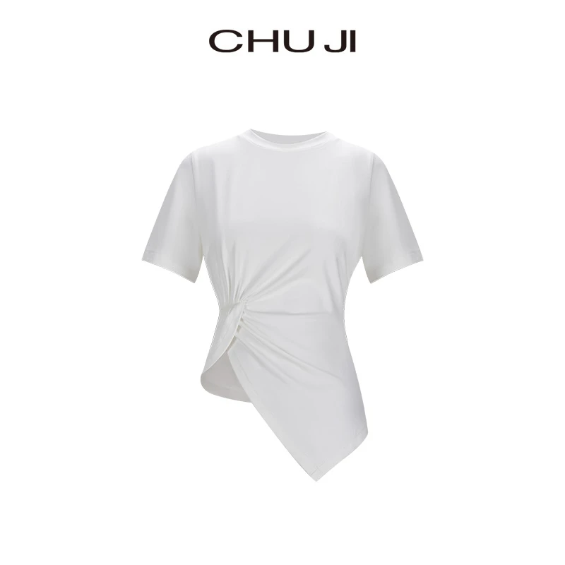 Chuji/出迹夏季舒适百搭弹力短袖T恤-23S628T时尚不规则修身白色