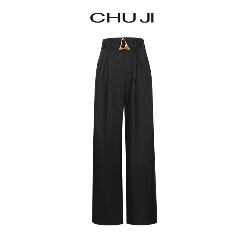 Chuji/出迹早秋黑色经典造型金扣阔腿裤-23W185K休闲百搭裤子显瘦