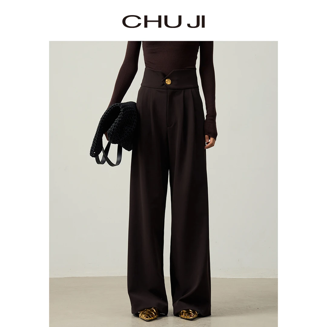 Chuji/出迹休闲直筒垂感复古深咖色高腰设计金扣阔腿裤-23W257K