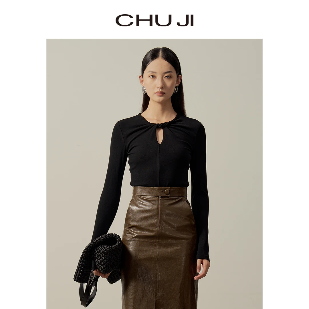 Chuji/出迹百搭显瘦修身版型镂空上衣打底衫-23W152T针织短款小众