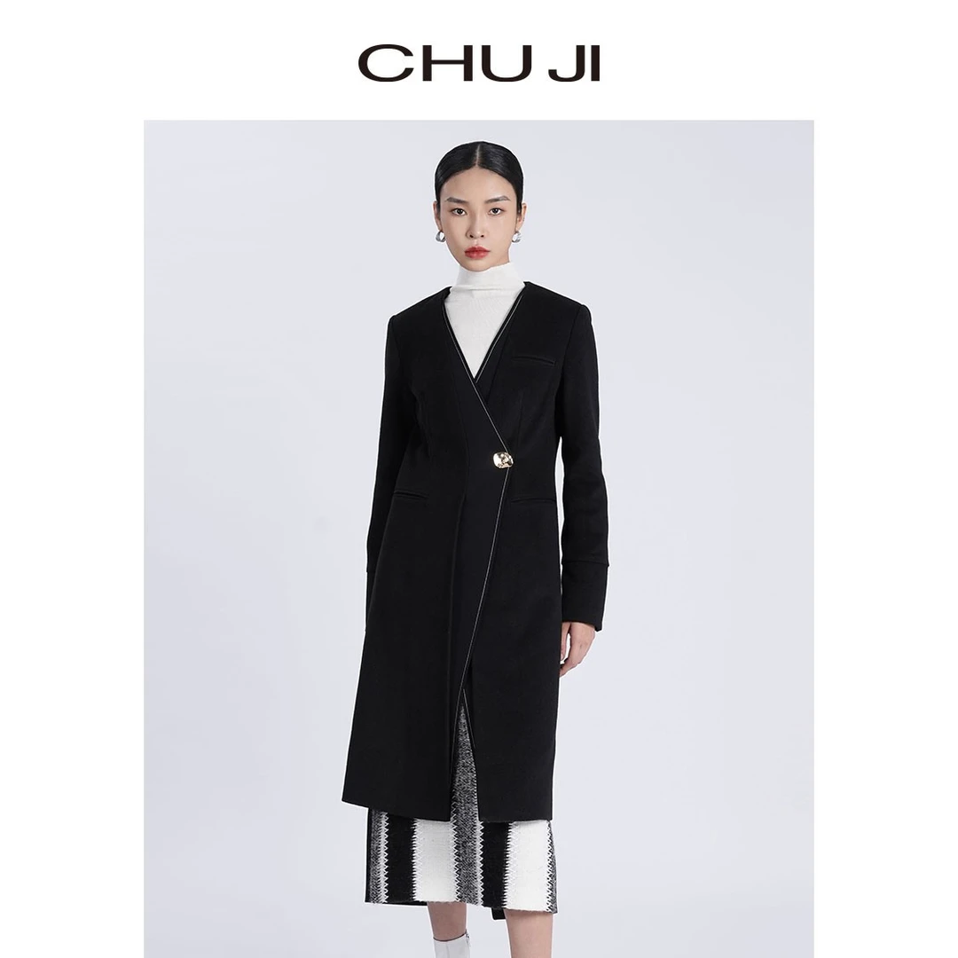 Chuji/出迹黑色V领明线设计羊毛长大衣-22W253W外套毛呢呢大衣