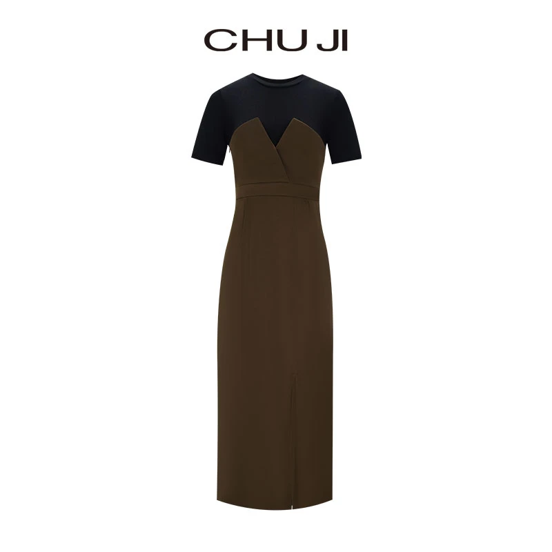 Chuji/出迹夏季拼接撞色时髦精致连衣裙-23S625L气质长裙轻奢黑色