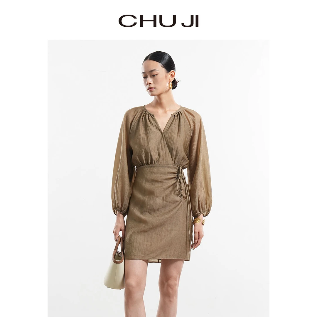 Chuji/出迹夏款摩卡色法式七分袖连衣裙-23S527L春夏超显瘦连衣裙