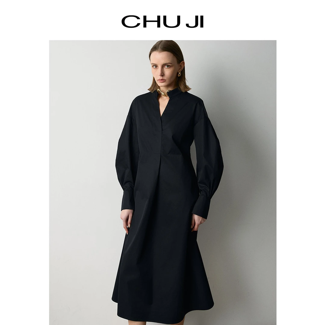 Chuji/出迹长袖衬衫连衣裙女秋冬季设计感收腰V领裙子D1Z879L