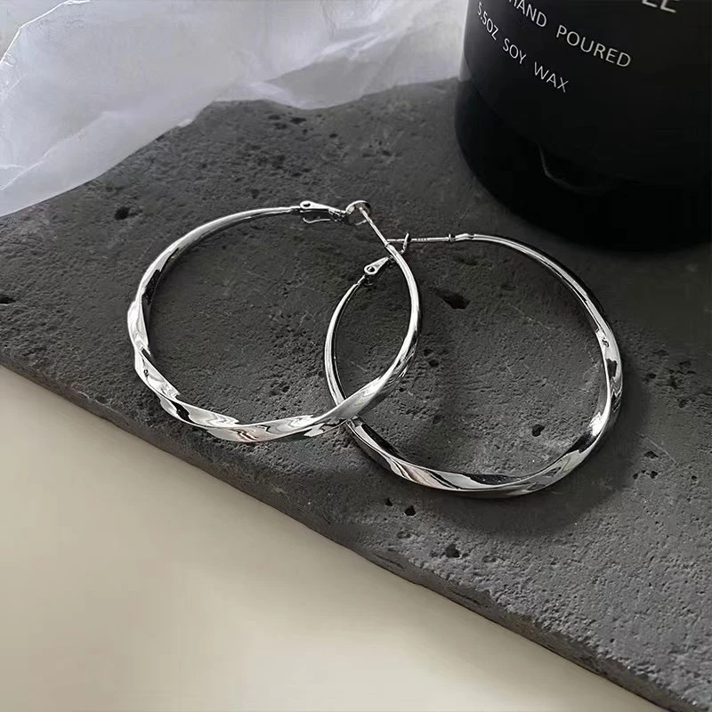 铜合金耳饰 【5cm圈圈】金属风银色素圈个性大甜酷风时尚耳环