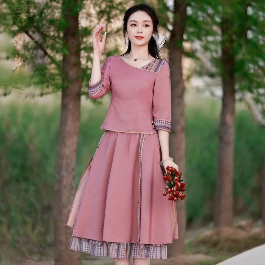 文艺风套装女2025夏季新款复古民族风裙子新中式两件套民国风情衷