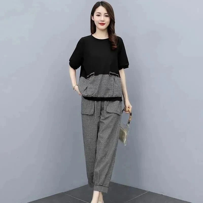 夏新款棉麻妈妈气质套装女大码格子拼接圆领上衣短袖哈伦裤两件套