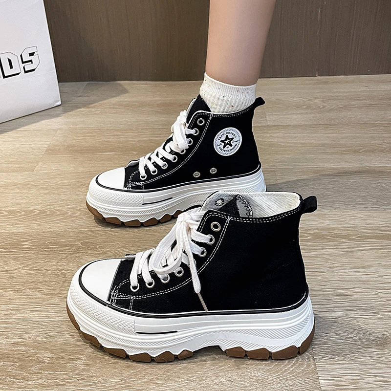【万达撤柜】爆款高帮鞋女2024春夏季新款增高厚底百搭运动帆布鞋女
