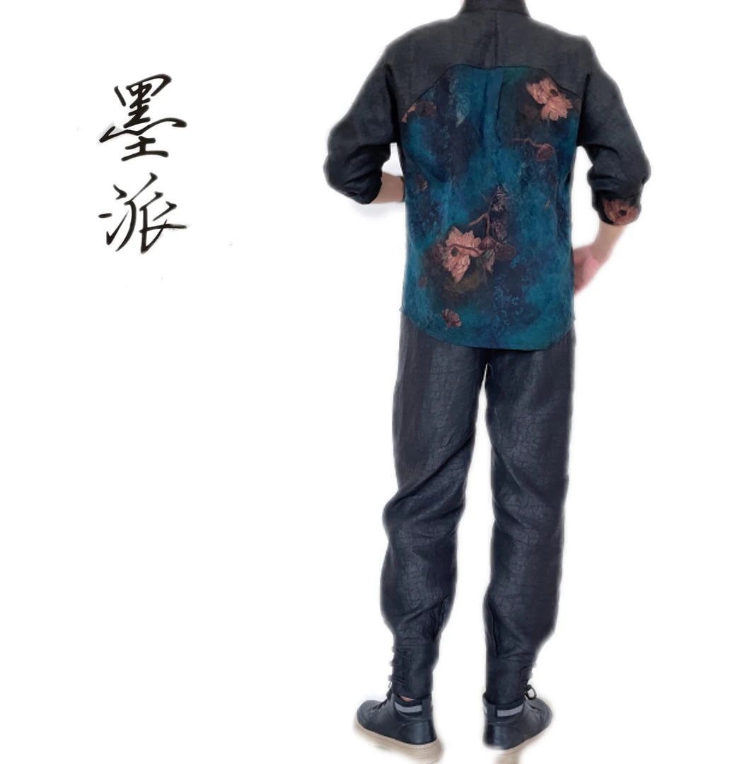 2024春季香云纱面料男装衬衣#撞色拼接#立领设计