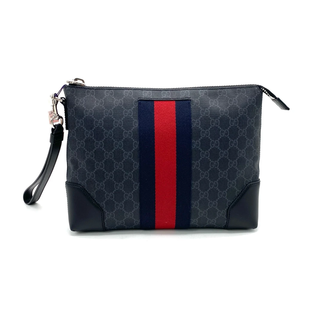 99新 GUCCI/古驰  黑老花红蓝编织手拿包 尺寸30/24 时尚休闲百搭