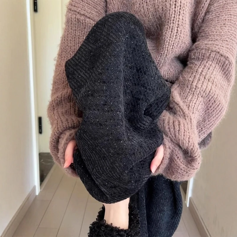 高级感黑色细闪阔腿裤女秋冬加绒加厚慵懒风软糯垂感宽松直筒裤子