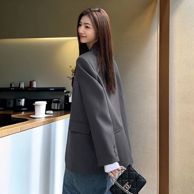 韩版开叉黑色女上衣西服外套休闲宽松显瘦长袖西装气质炸街小众