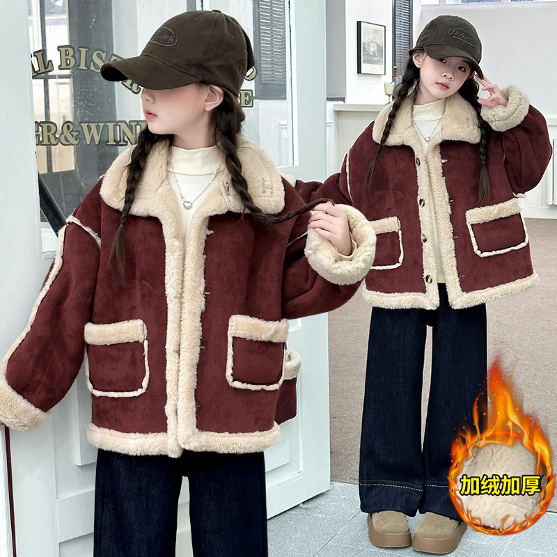 女童秋冬款皮毛一体外套2024新款6-12岁15岁中大童冬季加绒牛仔裤