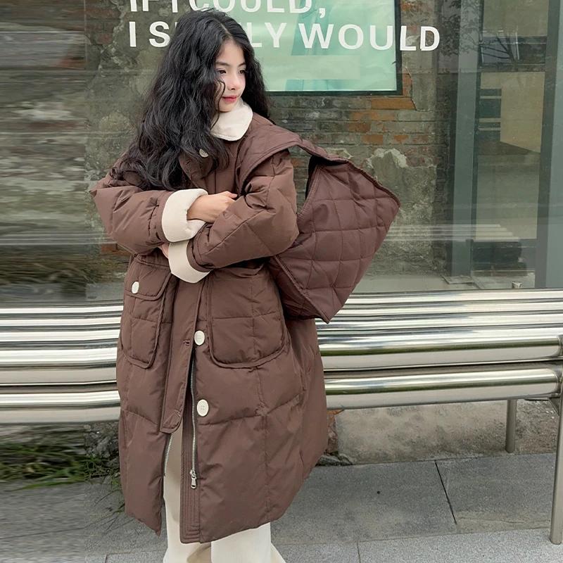 女童冬季翻领长款加厚棉服6-15岁中大童洋气韩版时尚保暖棉衣外套