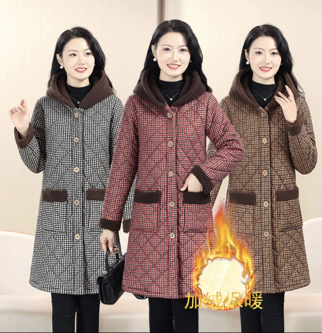 2024妈妈装加绒加厚保暖棉衣外套中老年中长款棉衣连帽棉服9969