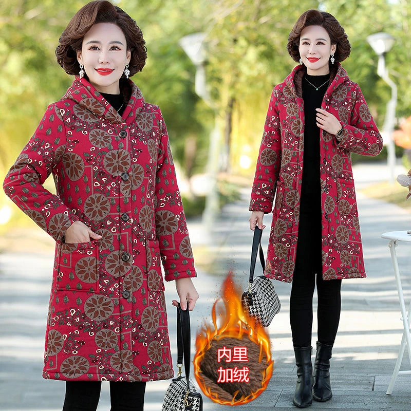 妈妈棉衣女冬装中长款外套加绒加厚2023款连帽花棉袄