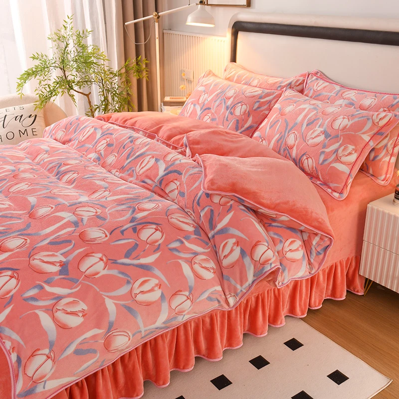 【富贵】加厚牛奶绒四件套冬季保暖被套床裙双面加绒床单被罩绒被套